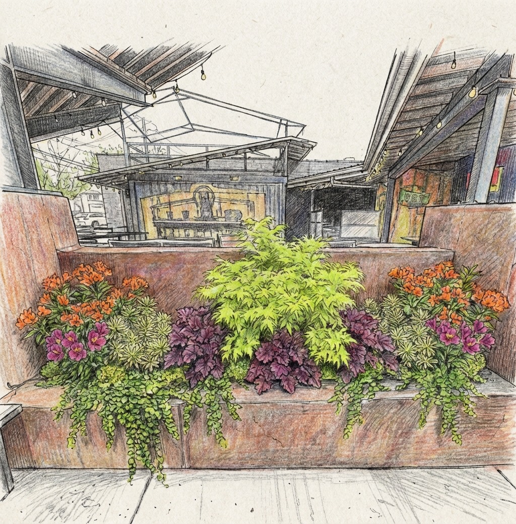 A flower bed with colorful flowers and green plants in front of a building with a roof and windows.