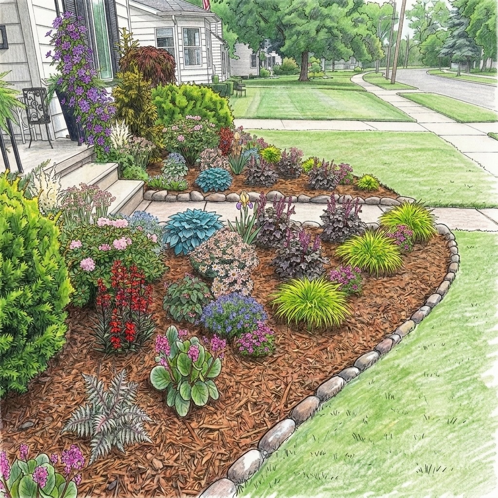 Front yard garden with colorful flowers, shrubs, and mulch, bordered by stones, with a sidewalk and street in background.