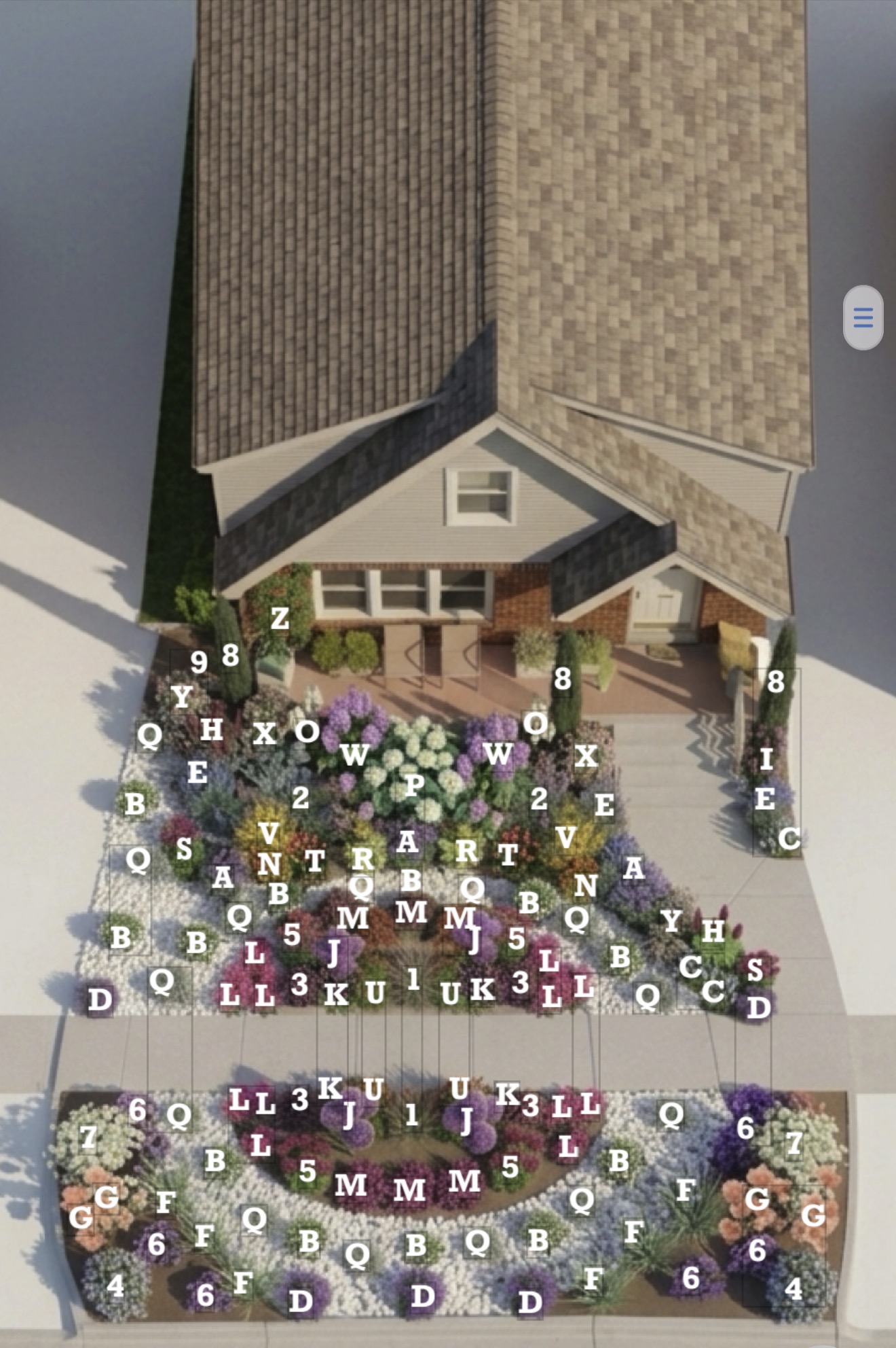 Bird's-eye view of a house with a tiled roof, surrounded by a garden with plants and a pathway.