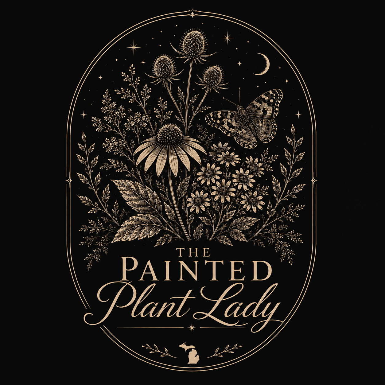 Illustration of flowers, butterfly, moon, and stars with text 'The Painted Plant Lady' in elegant script.