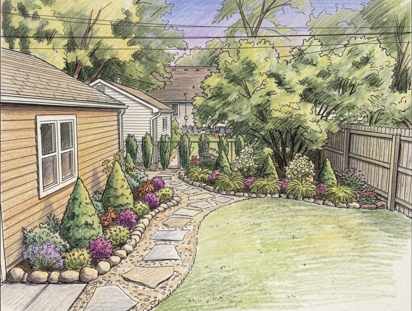 A garden with a stone pathway, colorful flowers, trees, and a wooden fence, viewed from the yard.