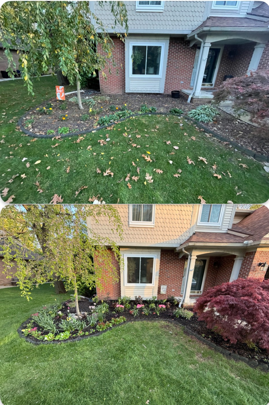 Front yard with a lawn, trees, and flower beds in front of a brick house, with a window and entrance visible.