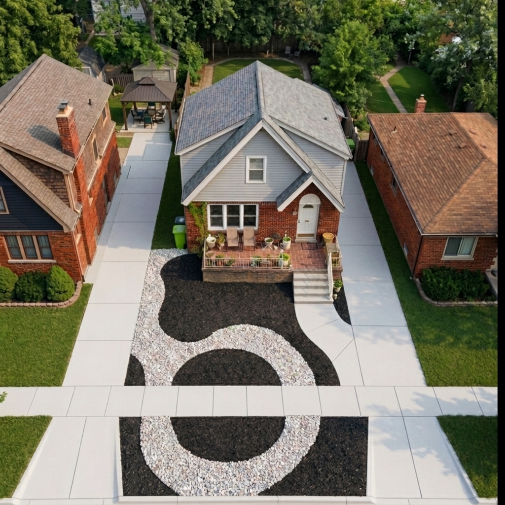 A house with a decorative driveway pattern, surrounded by neighboring houses and green trees, viewed from above.