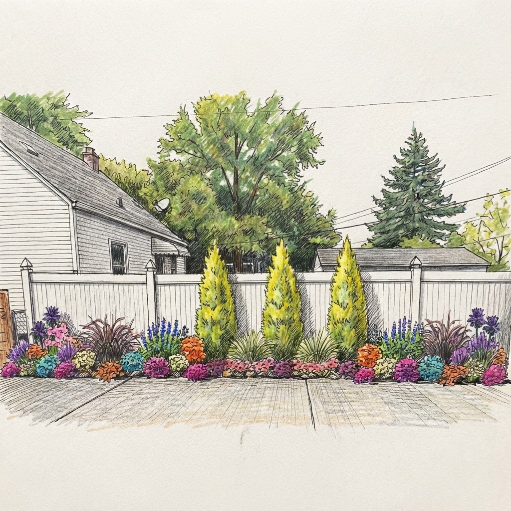 Colorful garden with three yellow-green trees, flowers, and a white fence in a residential yard.