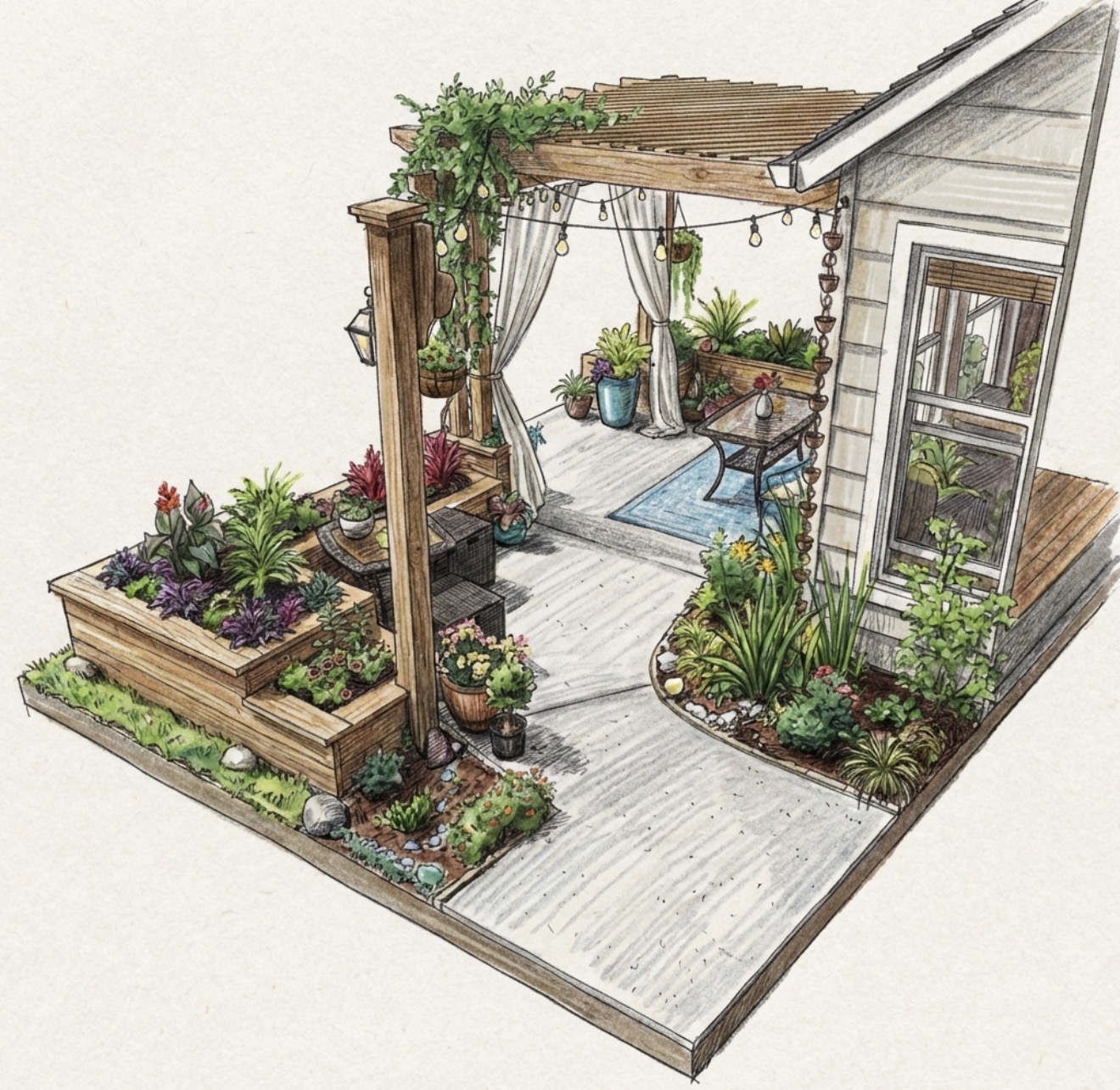 A cozy outdoor patio with a wooden pergola, garden beds, and a seating area with curtains and plants.