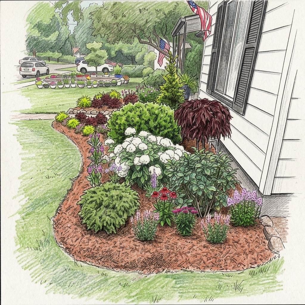 Garden bed with various plants and flowers beside a white house with black shutters, American flags, and a lawn.