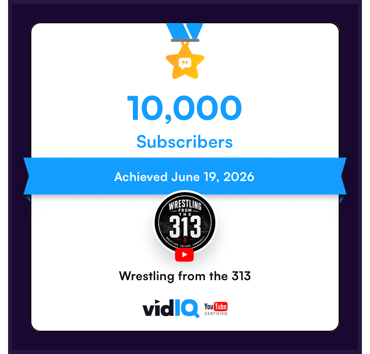 Celebratory graphic showing 10,000 subscribers achieved on June 19, 2026, with a wrestling logo and video platform logos.
