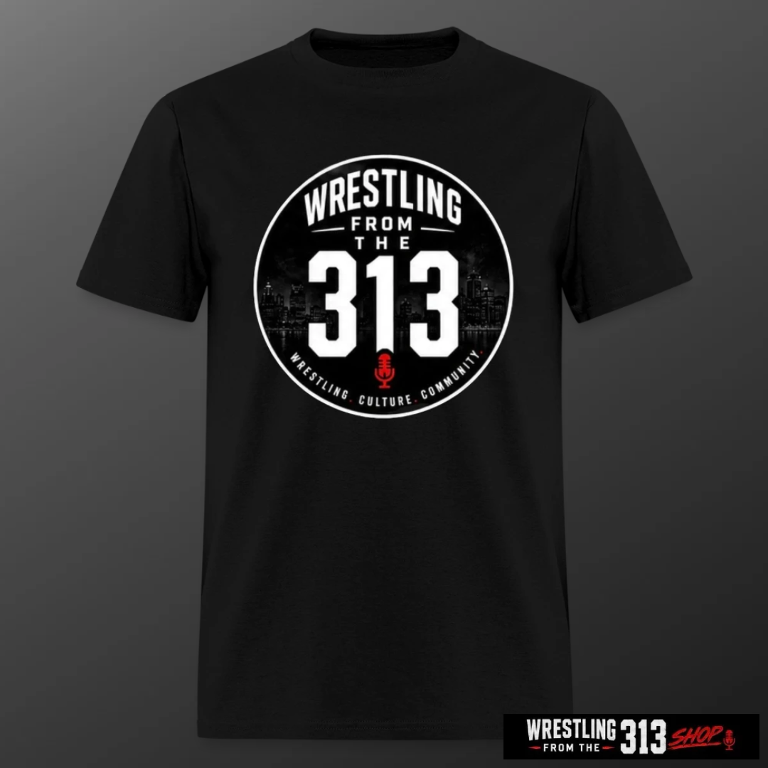 Black T-shirt with circular logo reading 'Wrestling from the 313' and a small red graphic, plain background.