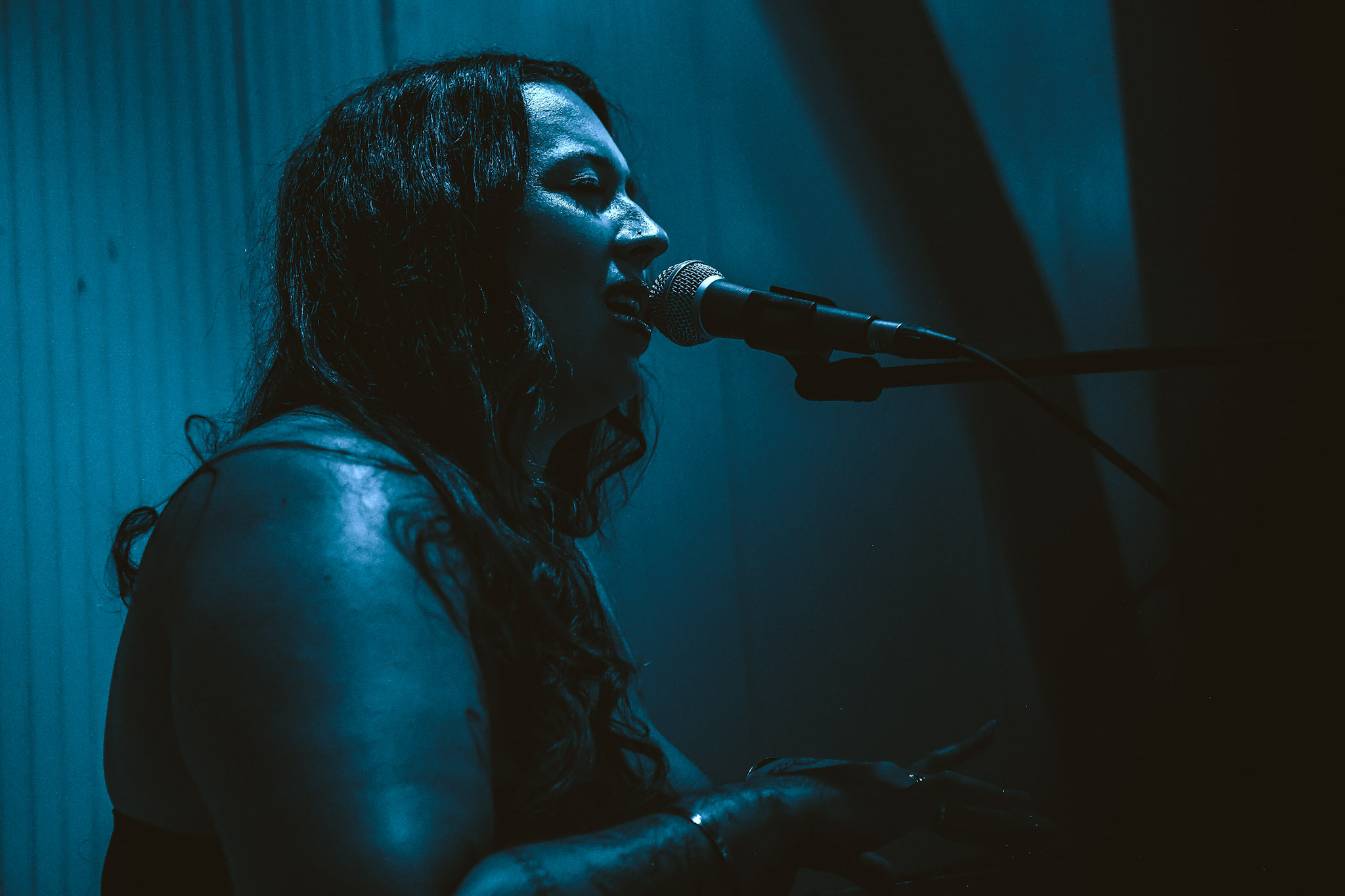 Woman singing into a microphone on stage with blue lighting, dark background, and long hair, in a concert setting.