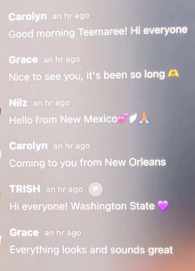 Text conversation with greetings and positive messages, including emojis, on a gray background.