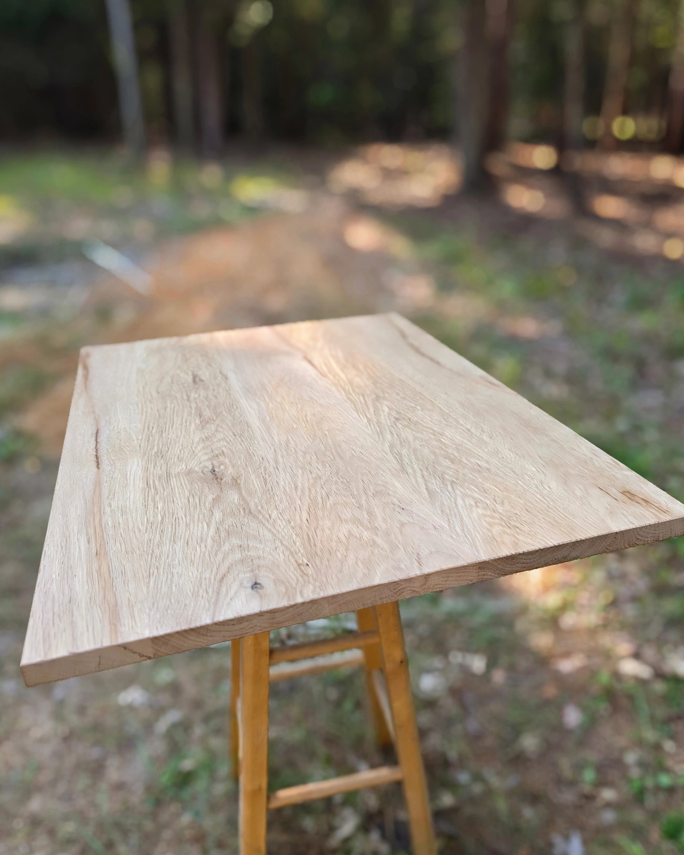 Wooden table outdoors with a natural background of trees and ground, sunlight filtering through the trees.