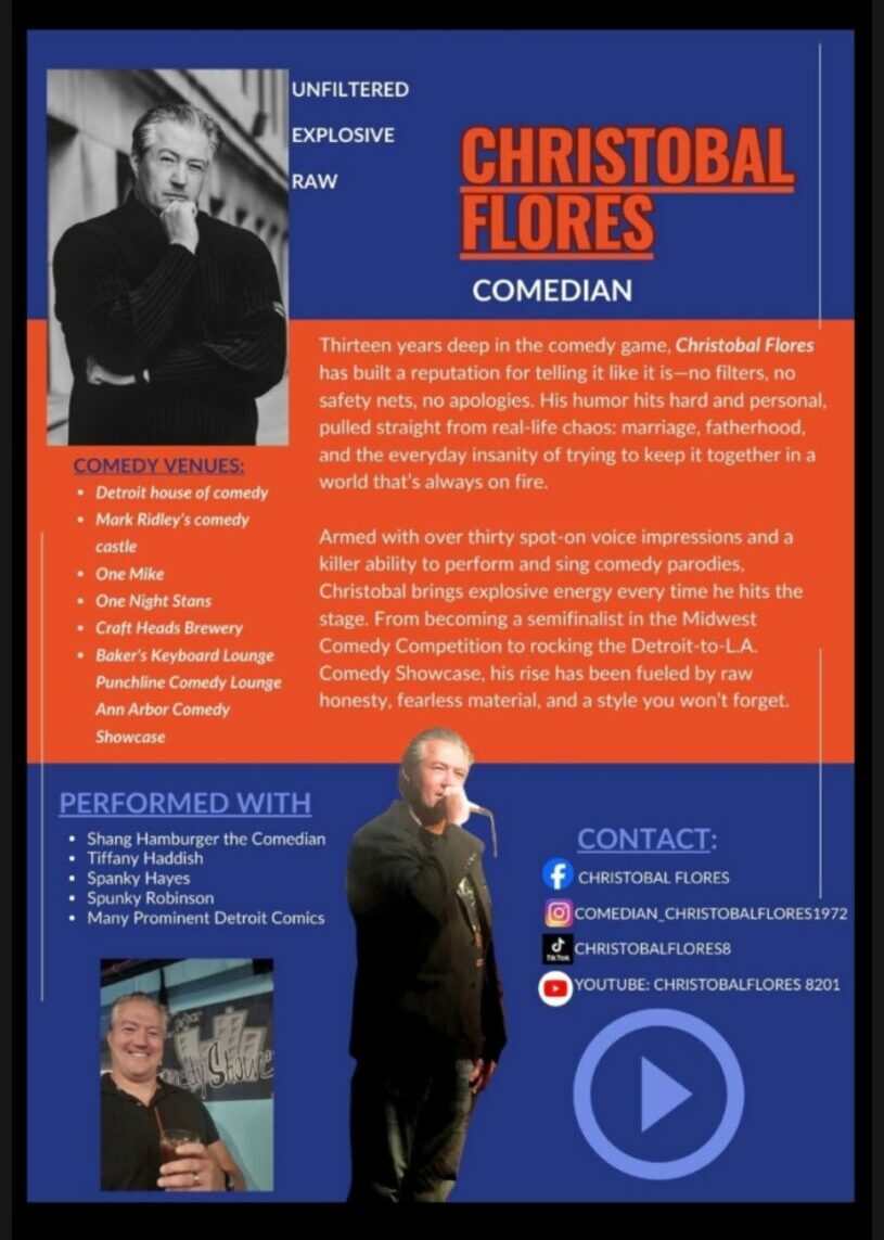 Promotional poster for comedian Christobal Flores featuring a photo, biography, and contact info.