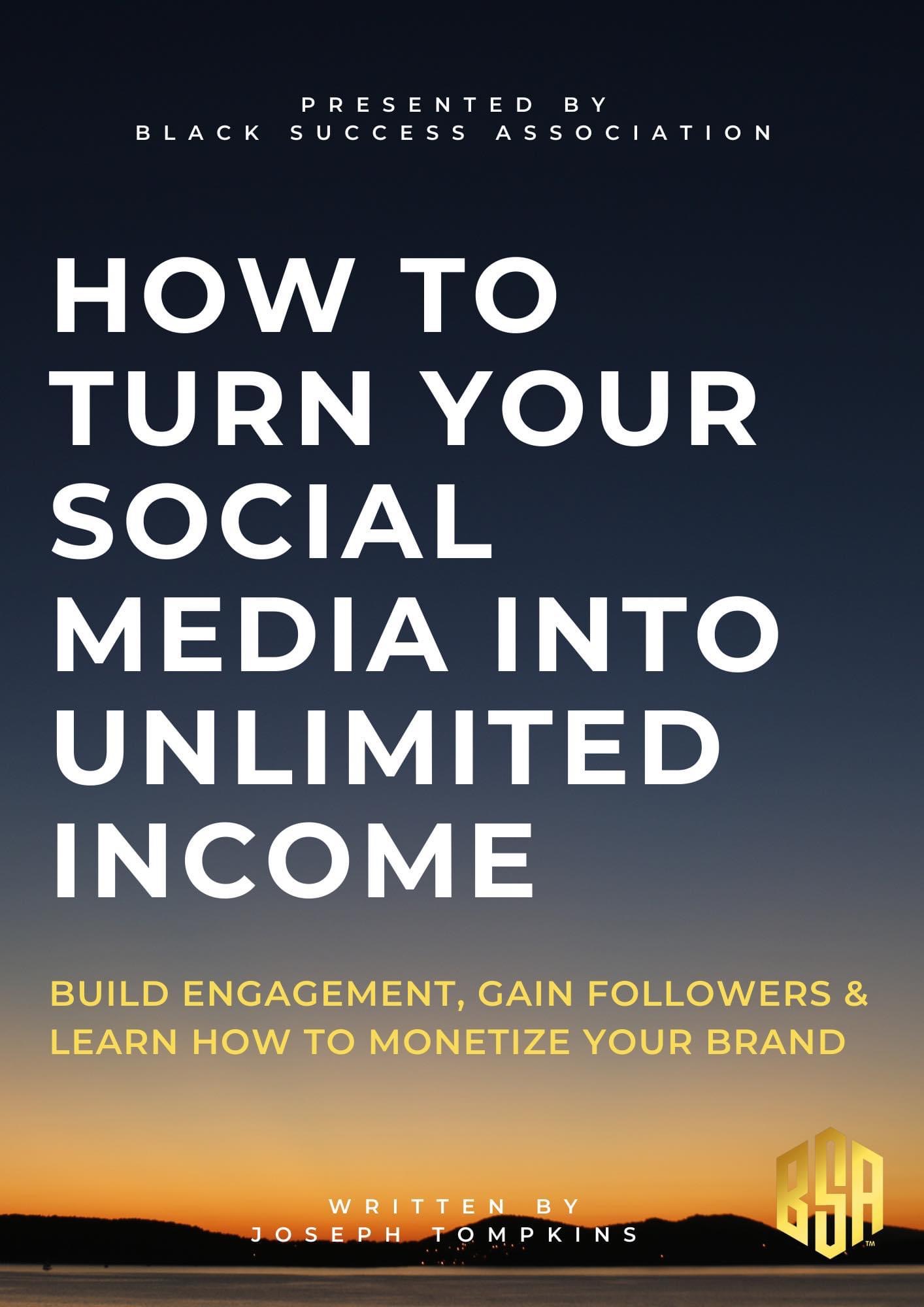 Book cover with title about turning social media into income, featuring a sunset background and a gold logo.