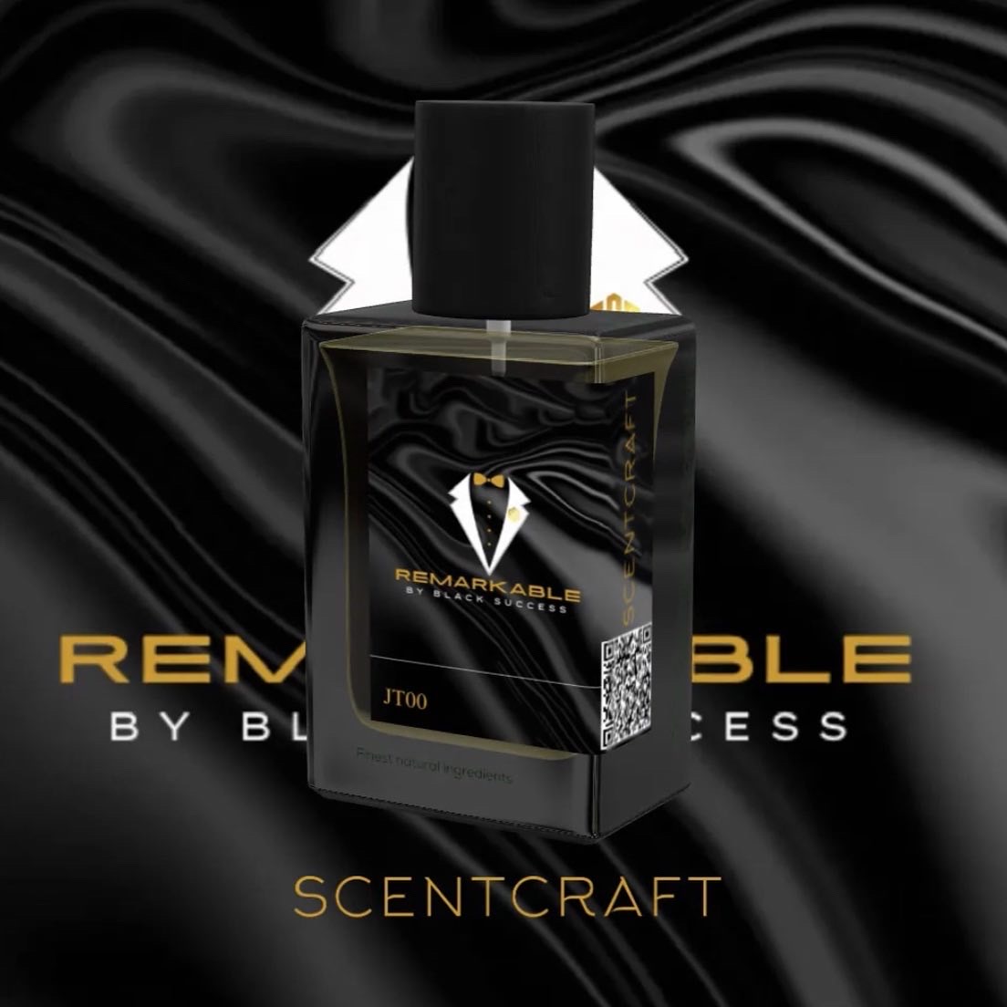 Black and gold perfume bottle with a black cap, set against a black satin background, with text and a QR code.
