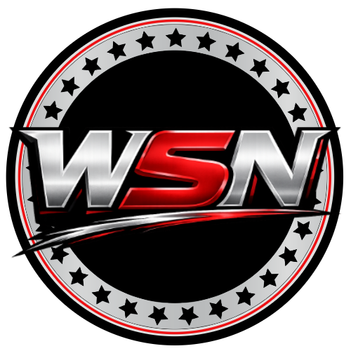 Logo with bold letters 'WSN' in silver and red, surrounded by a circle of stars on a black background.