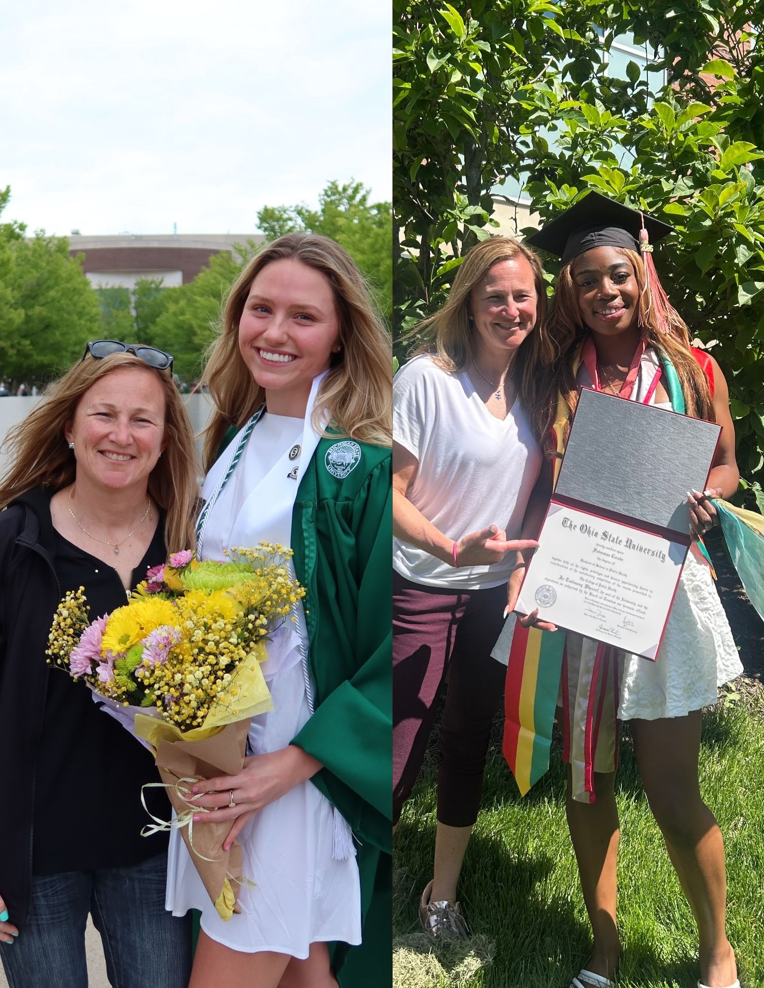 Two women and a young woman in graduation attire holding a diploma and flowers outdoors, smiling.