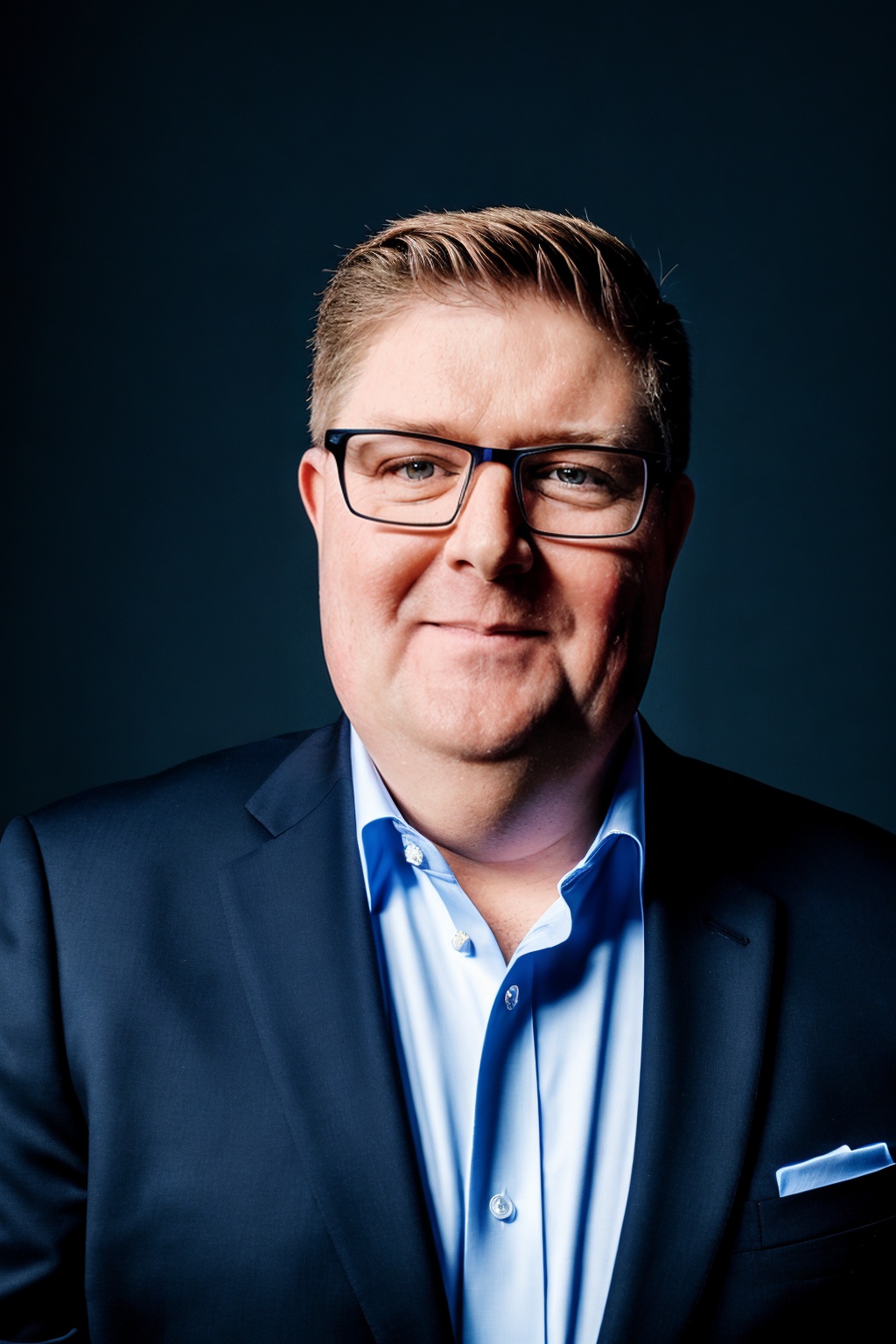 Man with glasses in a dark suit and light blue shirt, smiling, against dark background.