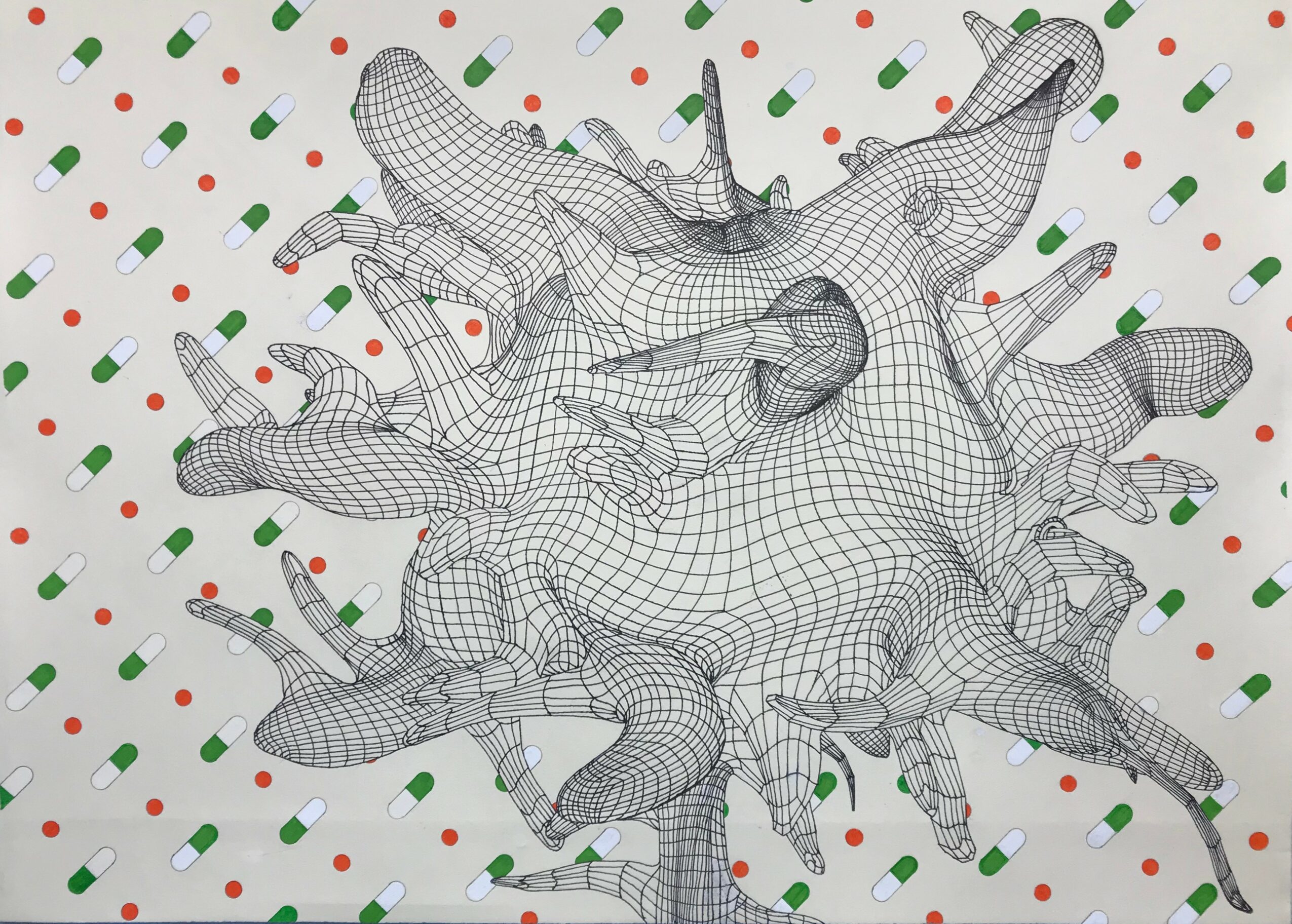 Wireframe 3D model of a virus or microorganism with multiple protrusions, on a background with red and green dots.
