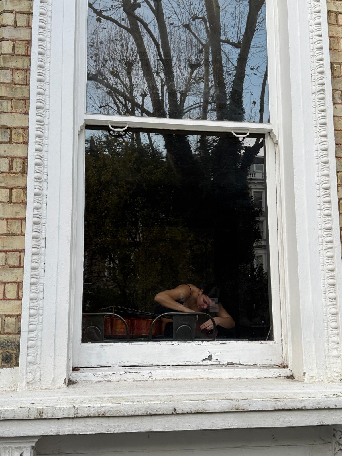 View through a window showing trees outside and a person taking a photo inside, with reflection visible.