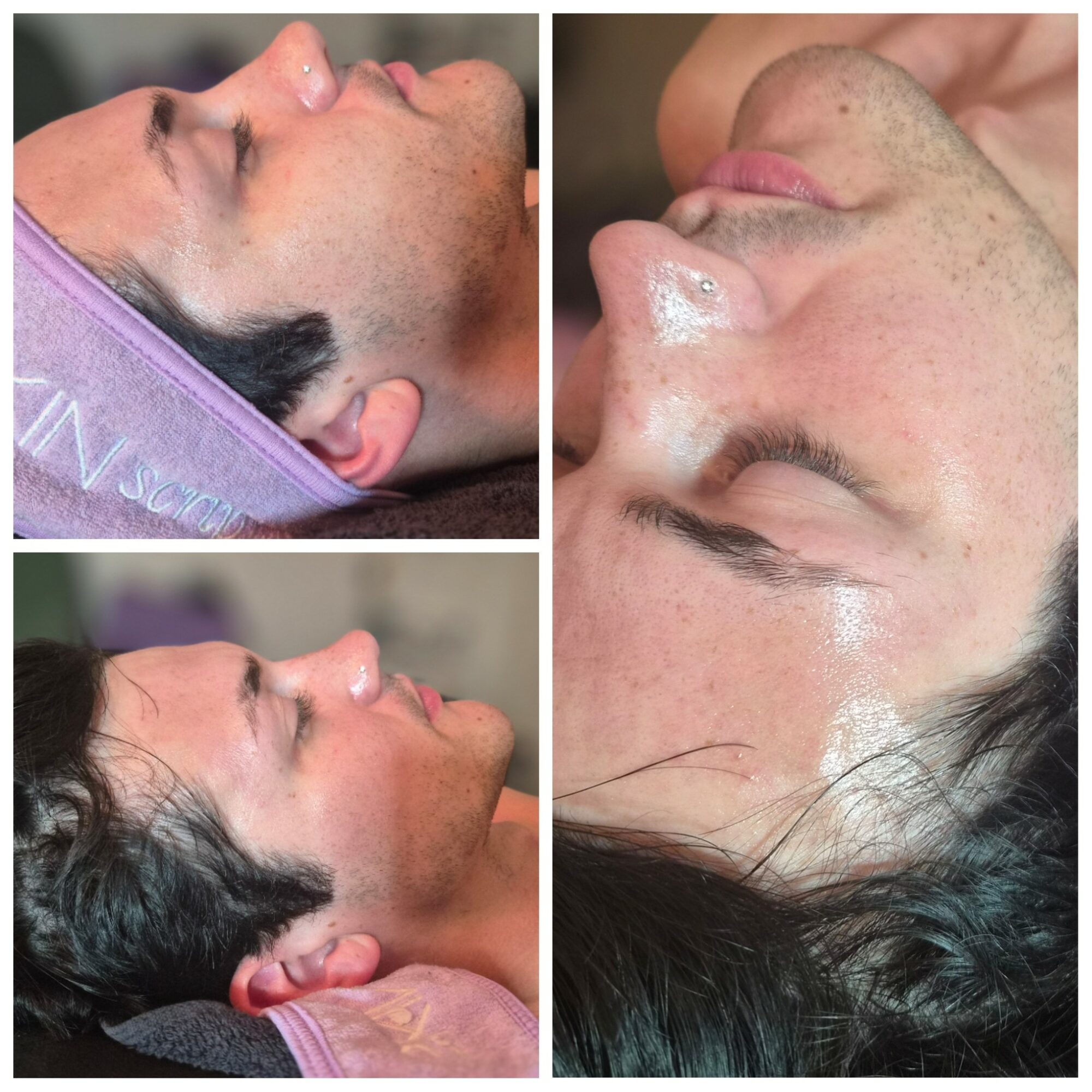 Three people receiving facial treatments, lying down with eyes closed, in a spa setting. Close-up of faces and skincare process.