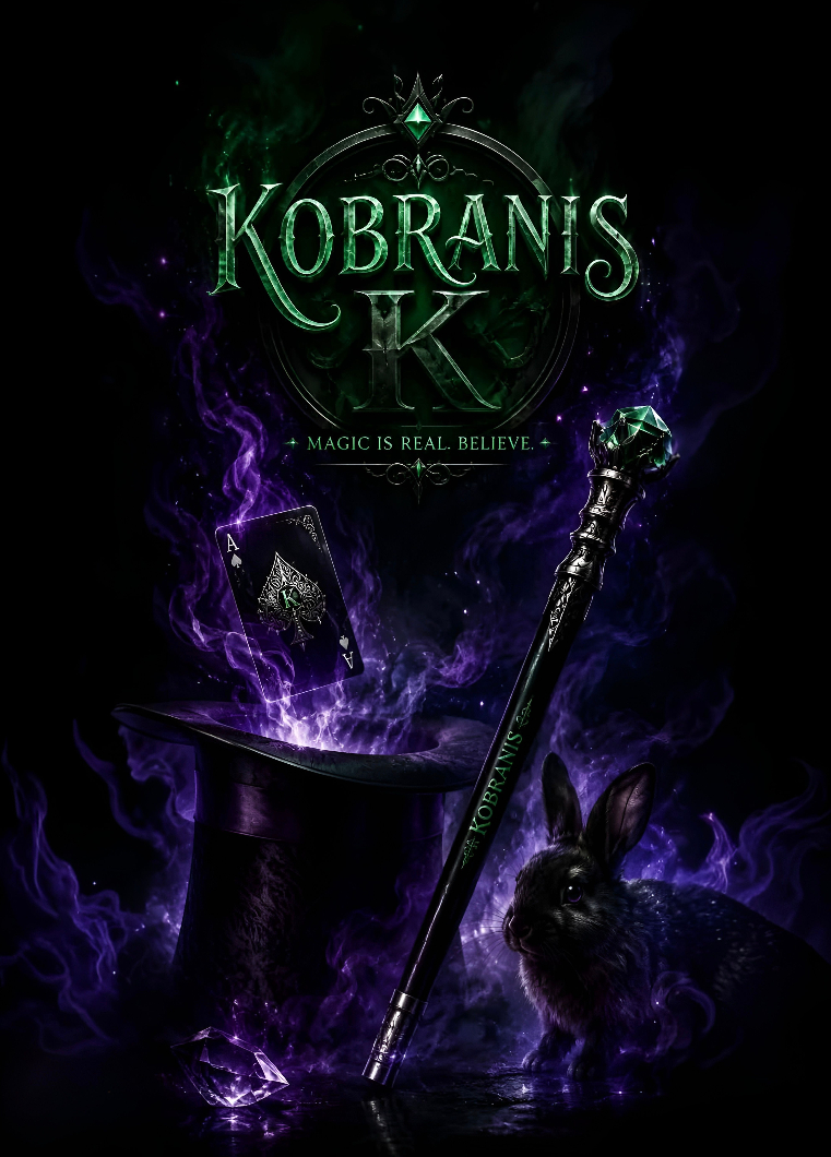 Dark fantasy cover with a magic wand, a rabbit, and a top hat, featuring green and purple glowing effects.