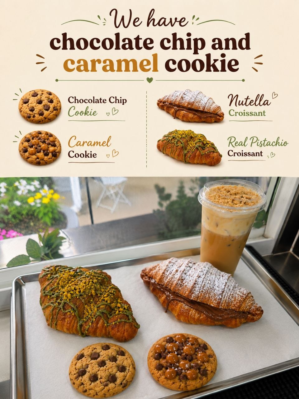 Tray with a croissant, a pastry, and a drink on a table near a window, with a plant outside. Worded menu above.