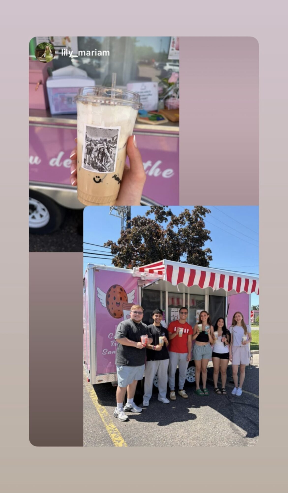 Person holding a drink with a QR code, and a group of people standing in front of a food truck, outdoors.