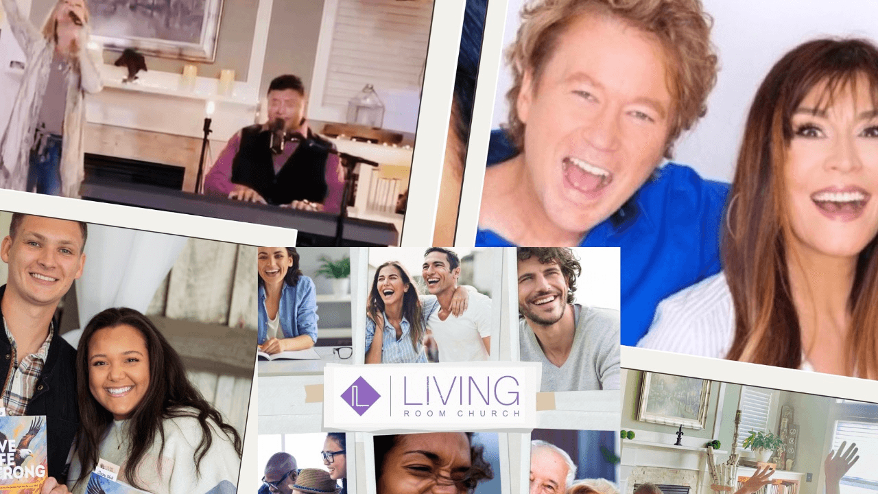 Collage of people smiling and laughing in various indoor settings, including a kitchen and a living room, with a logo in the center.