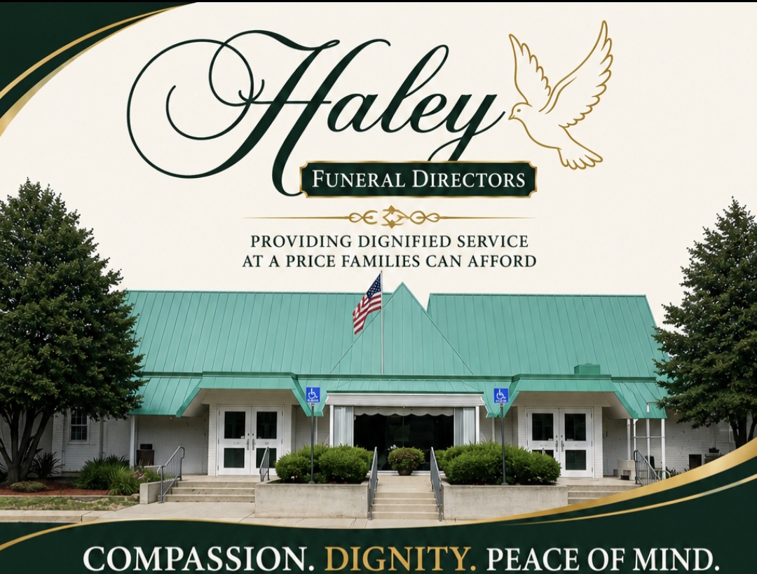 Funeral home building with green roof, American flag, and trees, with text about dignity, compassion, and peace of mind.