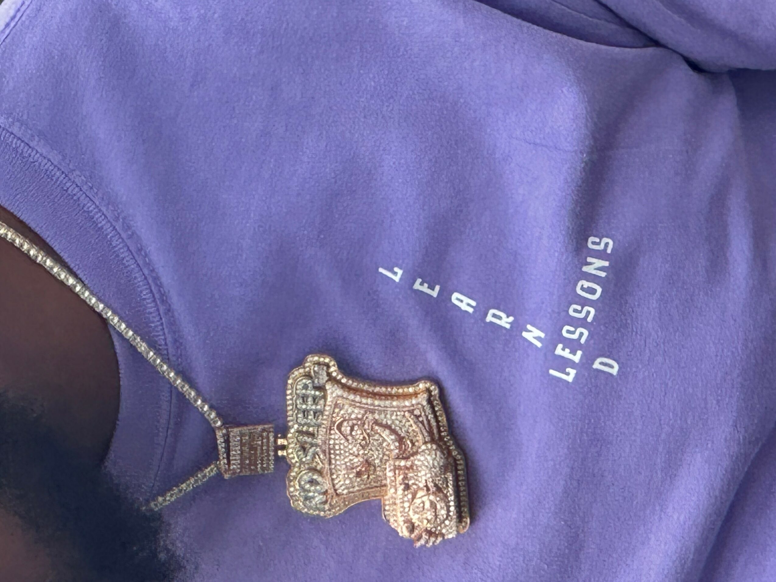 Person wearing a purple hoodie with a large, decorated pendant necklace, and text on the hoodie reading 'LEARN LESSONS'.