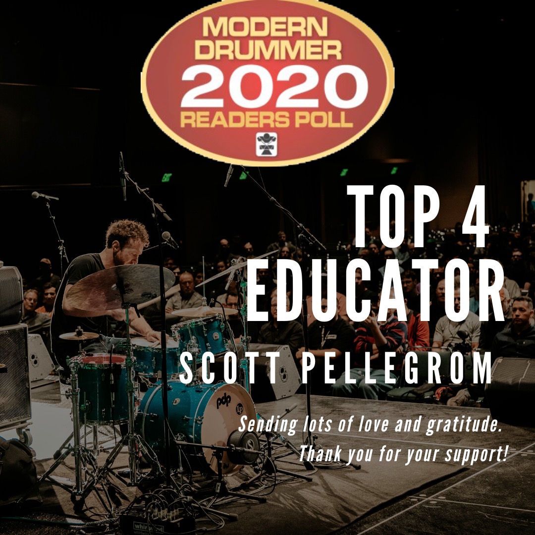 A drummer playing on stage with a sign reading 'Modern Drummer 2020 Readers Poll' and text about Scott Pellegram as top educator.