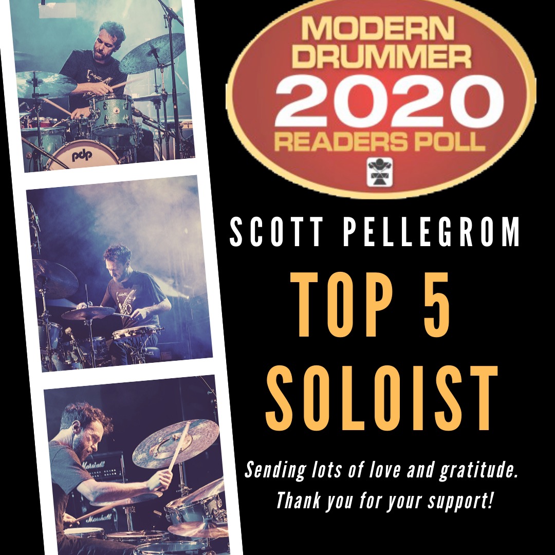 Poster featuring Scott Pellegram as top soloist in 2020 drumming poll, with images of him playing drums, and a message of gratitude.