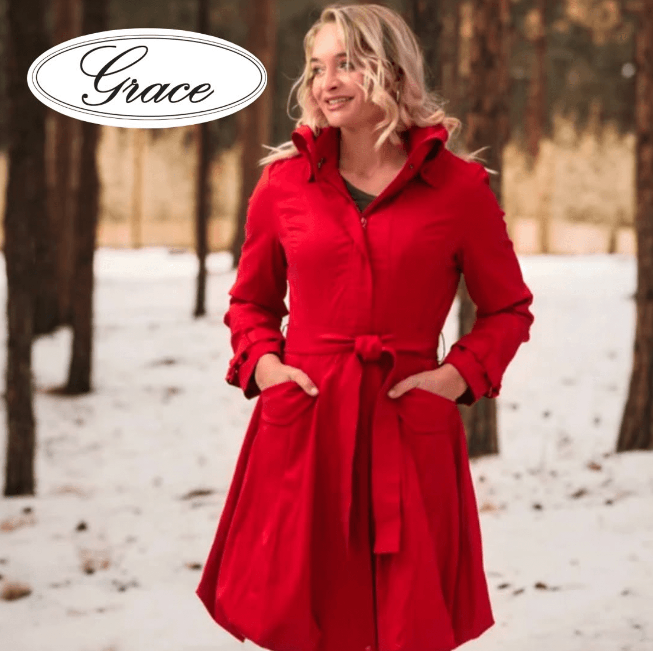 Woman in red coat standing outdoors in a snowy forest, smiling, with the name 'Grace' in an oval label.
