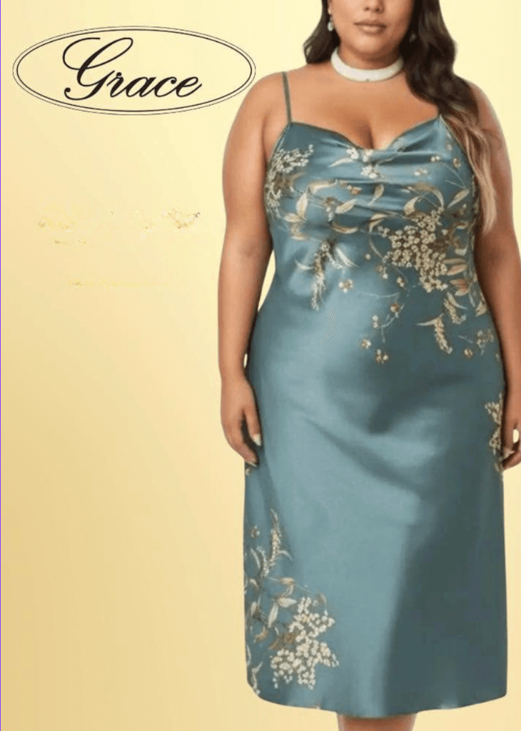 Woman in a teal satin dress with gold floral patterns, standing against a light background, with the name 'Grace' written in cursive.