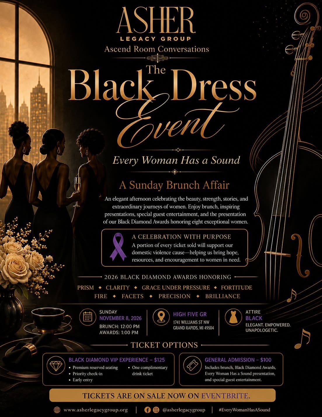 Event poster for a Black Dress event featuring silhouettes of women, city skyline, and musical instrument, with event details and ticket info.