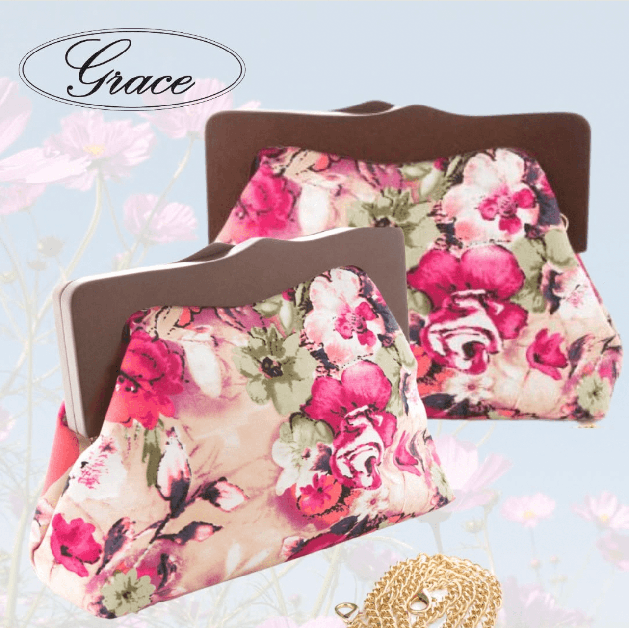 Two floral-patterned pillows on brown and gray headboards, with a light blue background and the word 'Grace' in script.