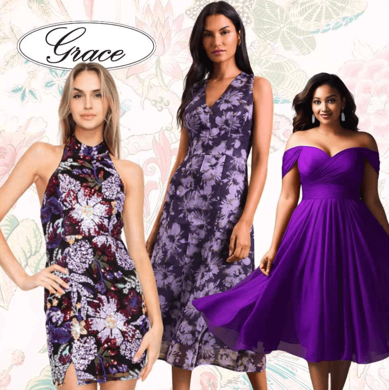 Three women in colorful dresses pose against a floral background, with the word 'Grace' in a speech bubble.