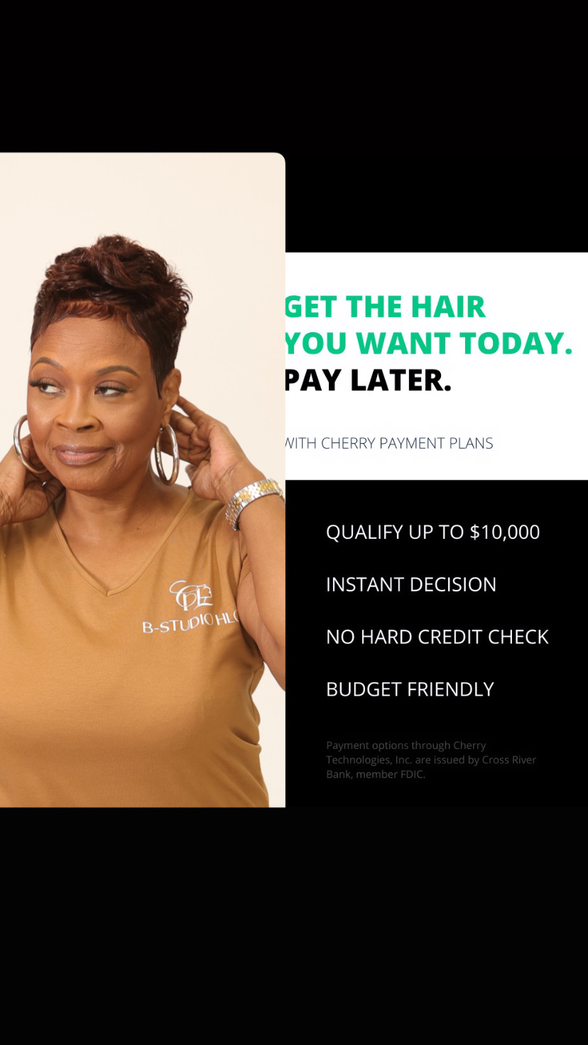 Woman with short hair smiling, promotional text about hair payment plans, benefits listed below, black background.