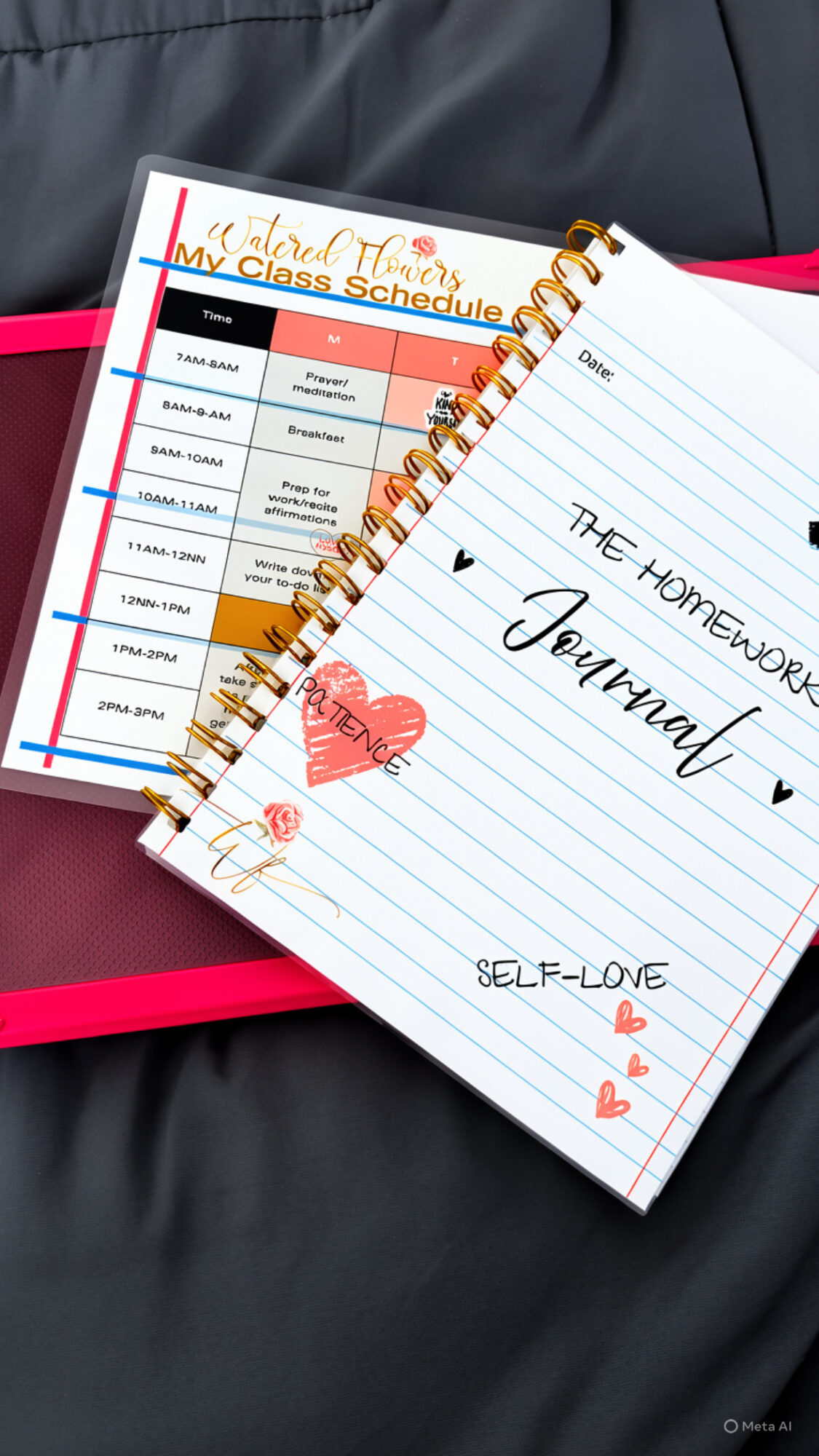 Open notebook with handwritten notes and a class schedule page, placed on a dark surface. The notes include a heart drawing and the words 'self-love' and 'journey'.