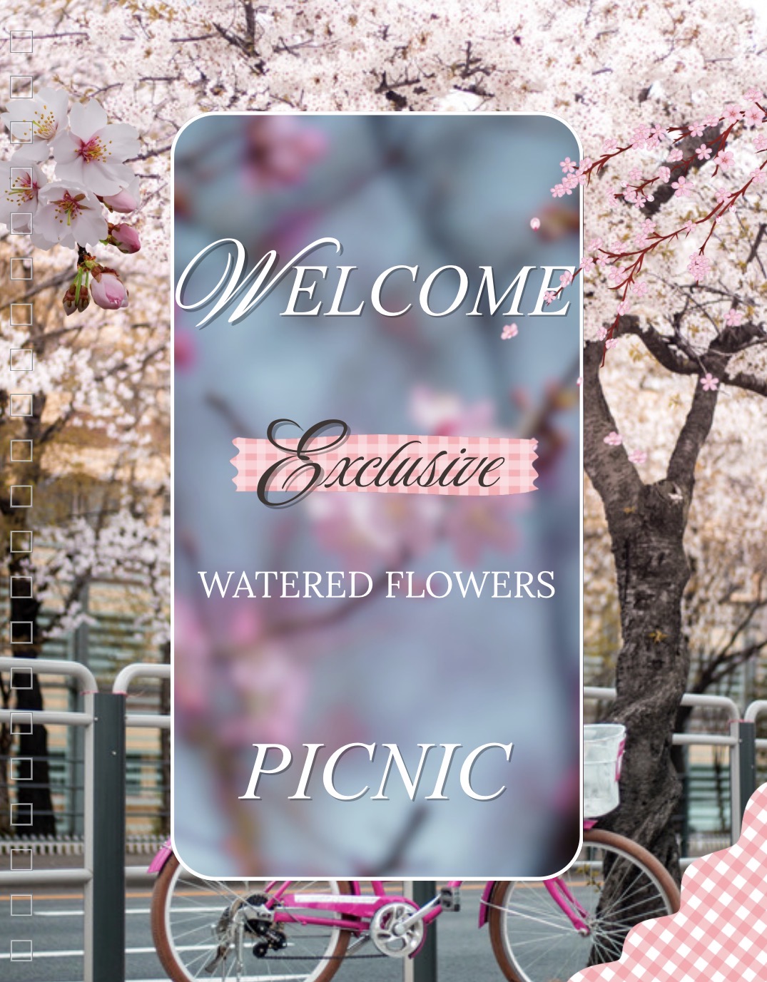 Sign with pink and blue blurred background, displaying text: Welcome, Exclusive, Watered Flowers, Picnic.
