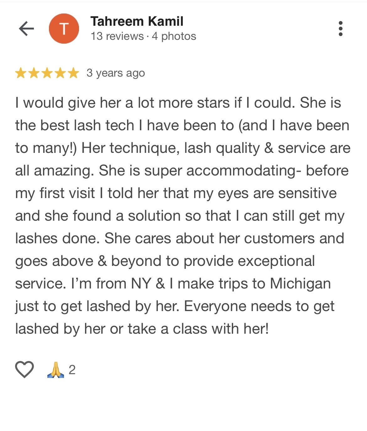 Screenshot of a positive review praising a lash technician's skill, service, and caring attitude, with five stars and two likes.