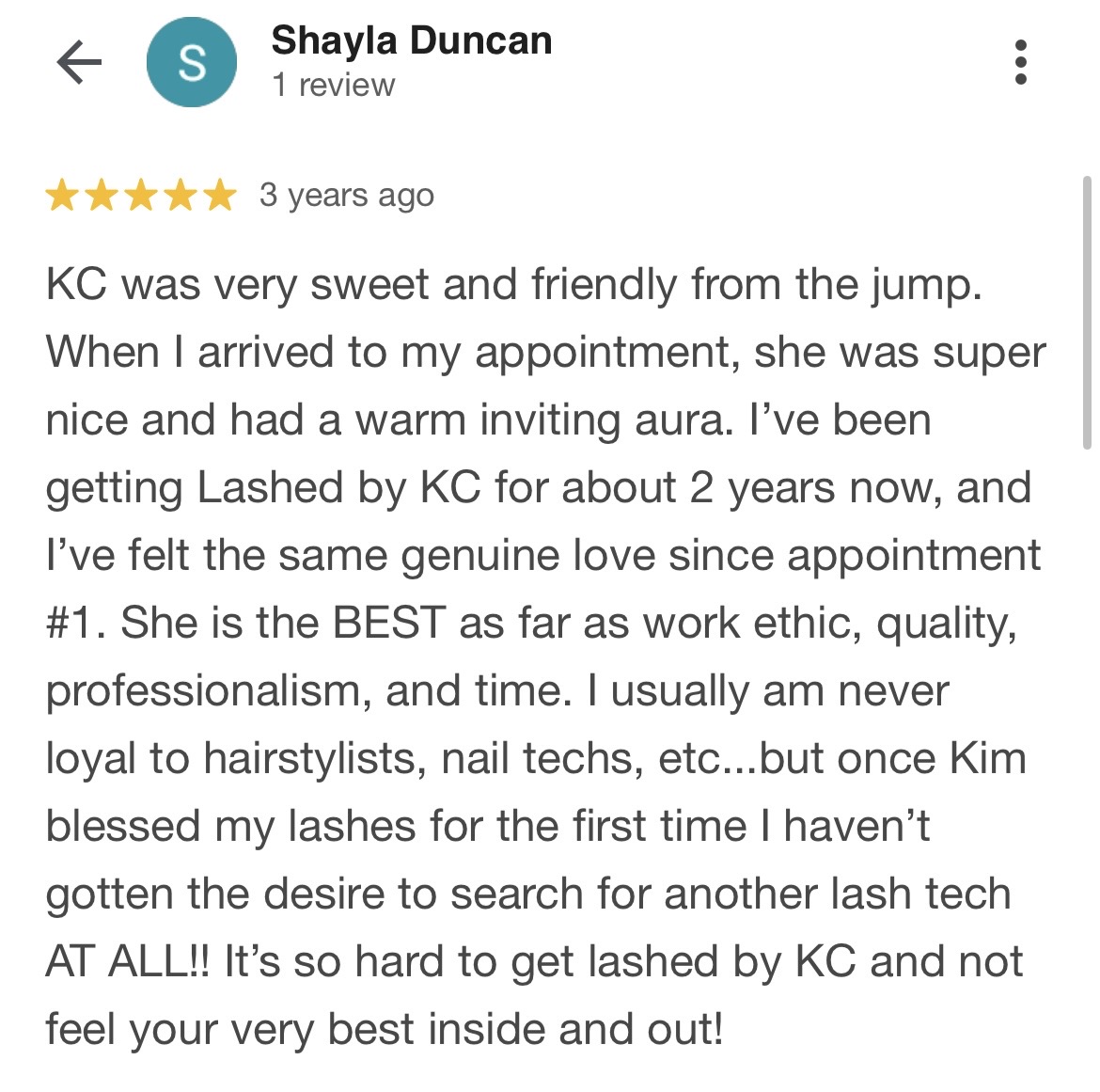Screenshot of a review by Shayla Duncan praising KC for eyelash extensions, describing her professionalism and friendly attitude.