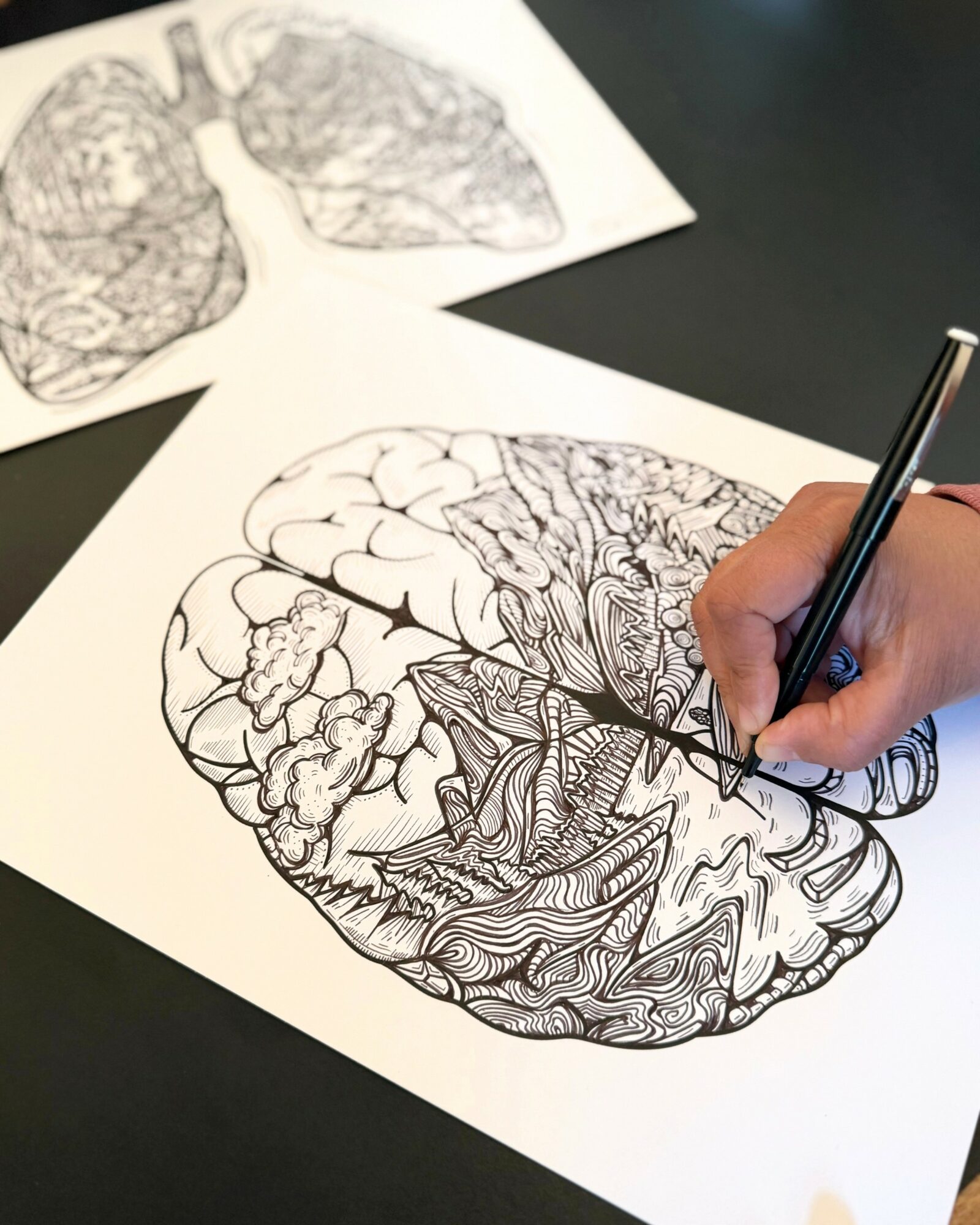 Hand drawing a detailed illustration of a human brain on paper with a pen.