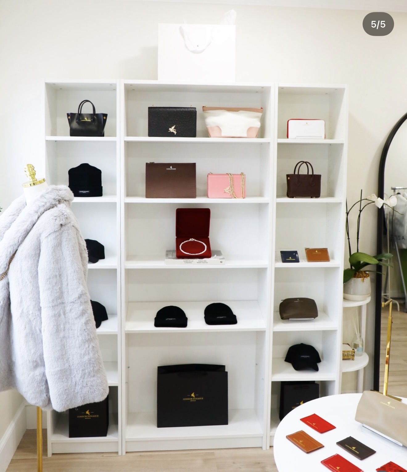 White shelving unit with handbags and accessories, a coat hanging on a stand, and a plant on the right side.