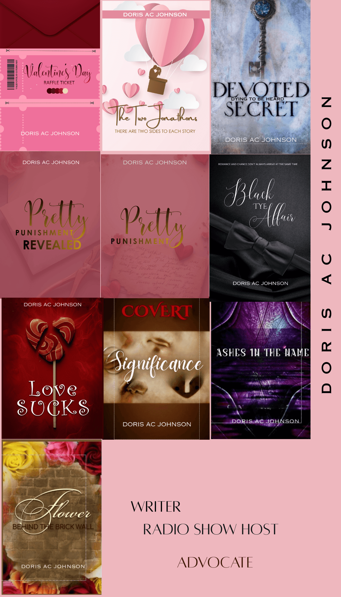 A collage of book covers and a pink card with text, including titles like 'Devoted Secret' and 'Love Sucks'.