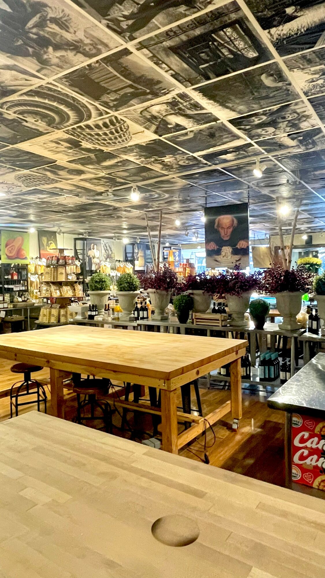 Interior of a store with shelves, plants, and a wooden table in the foreground, ceiling decorated with black and white images.