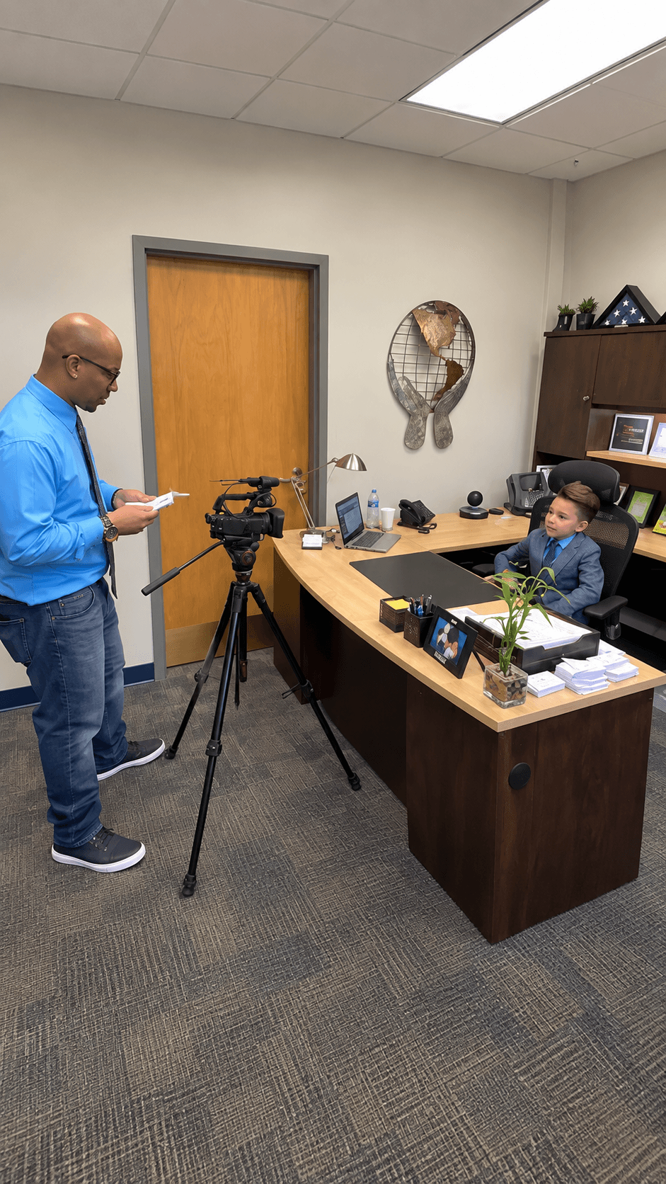 Man in blue shirt filming a person at a desk with a camera on a tripod in an office.