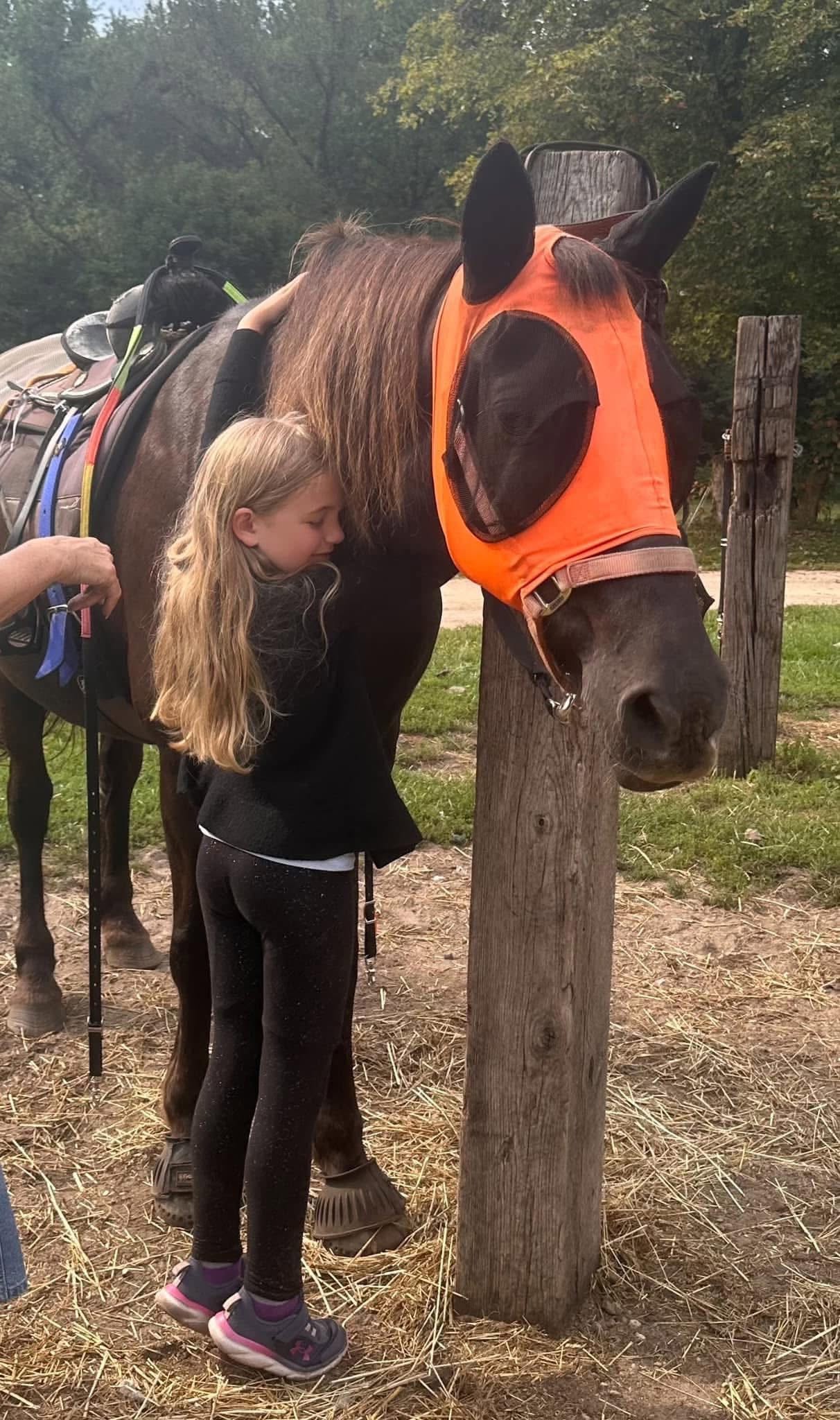 Girl with long blonde hair standing next to a horse with an orange mask, outdoors near a wooden post.