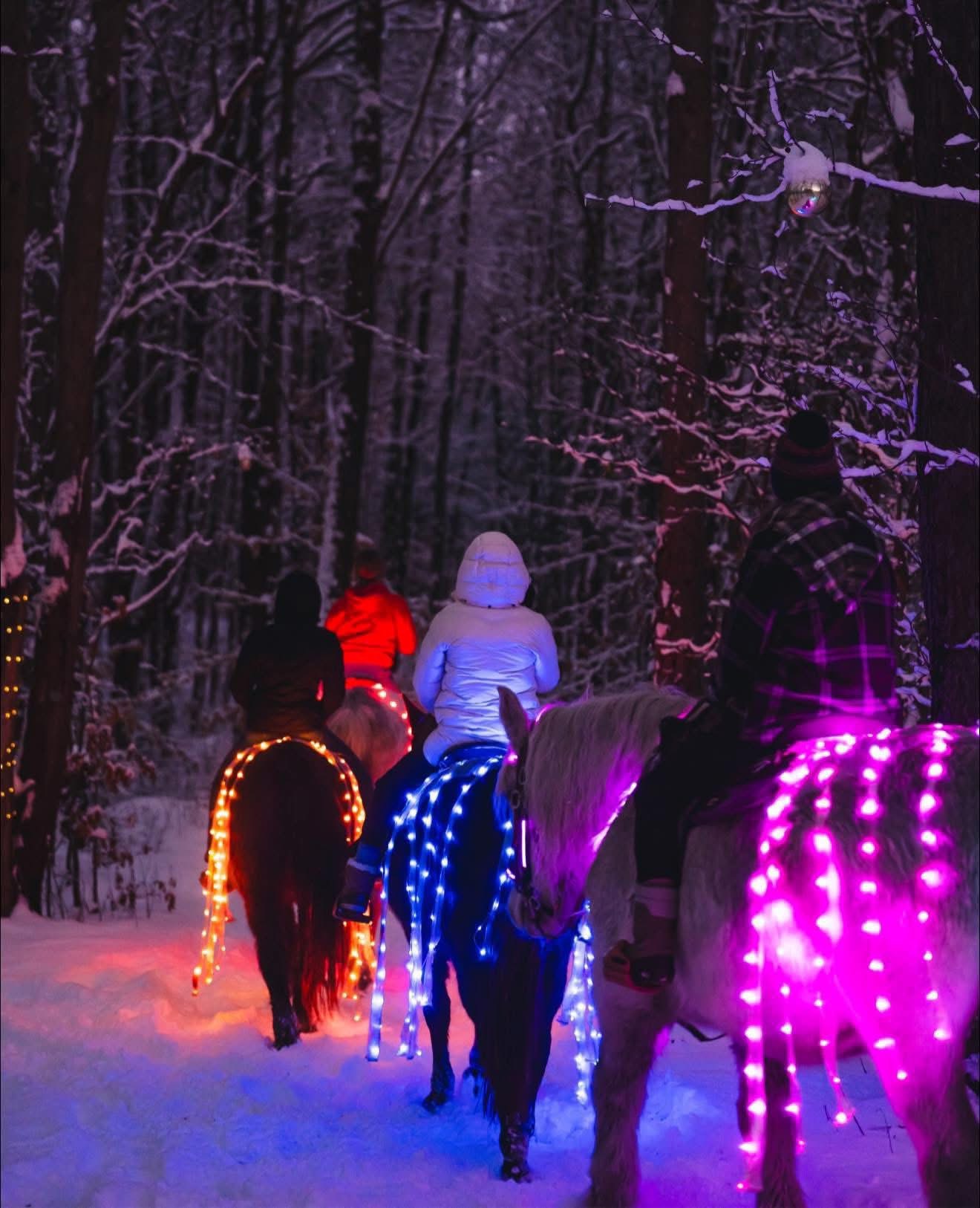 People riding horses with colorful LED lights through a snowy forest at night.