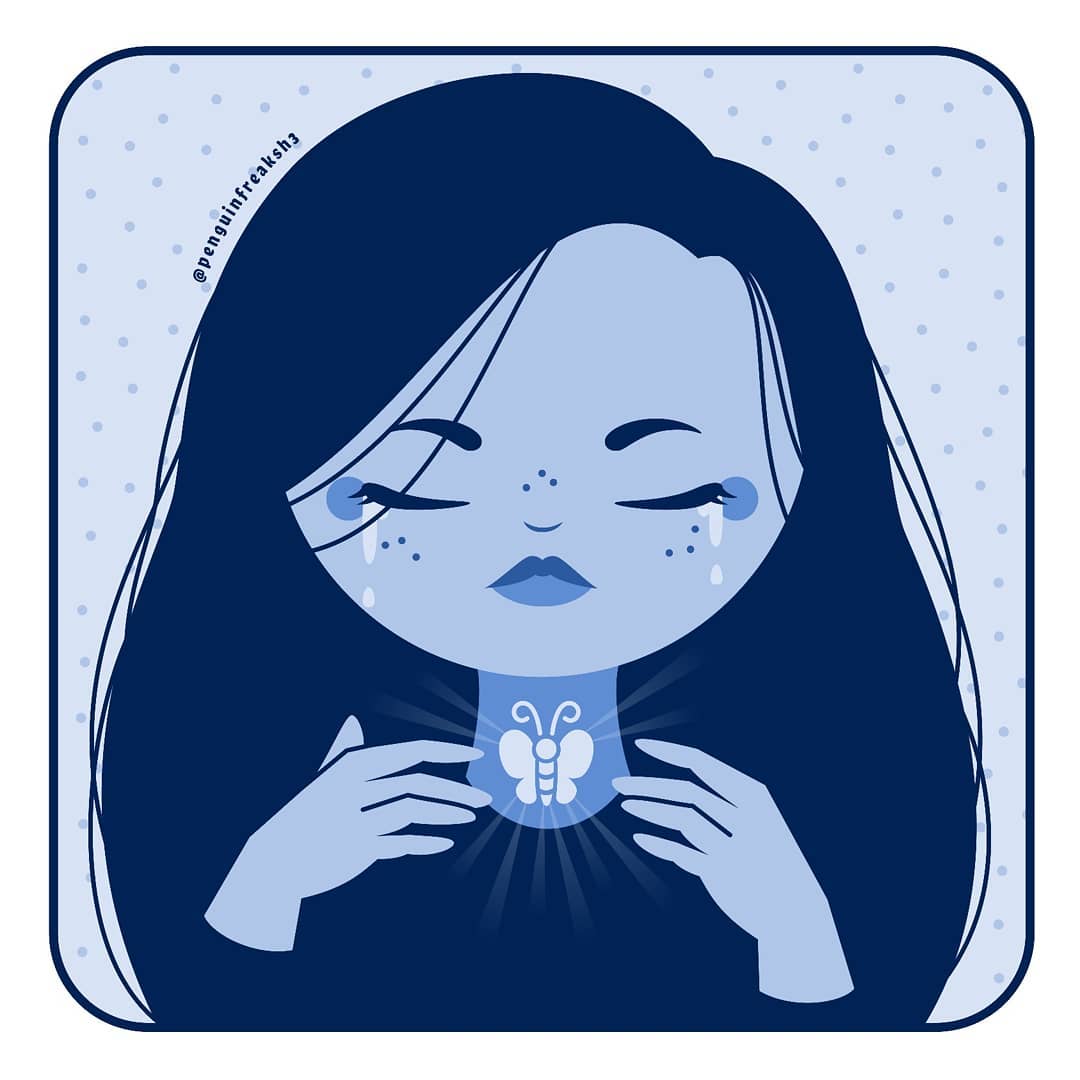 A stylized illustration of a girl with long hair holding a glowing butterfly-shaped object, with closed eyes and freckles.
